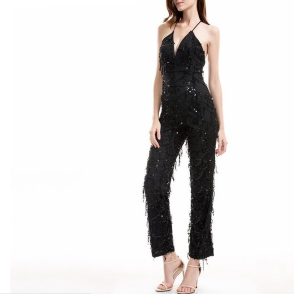Pants - V neck sequin jumpsuit criscross
